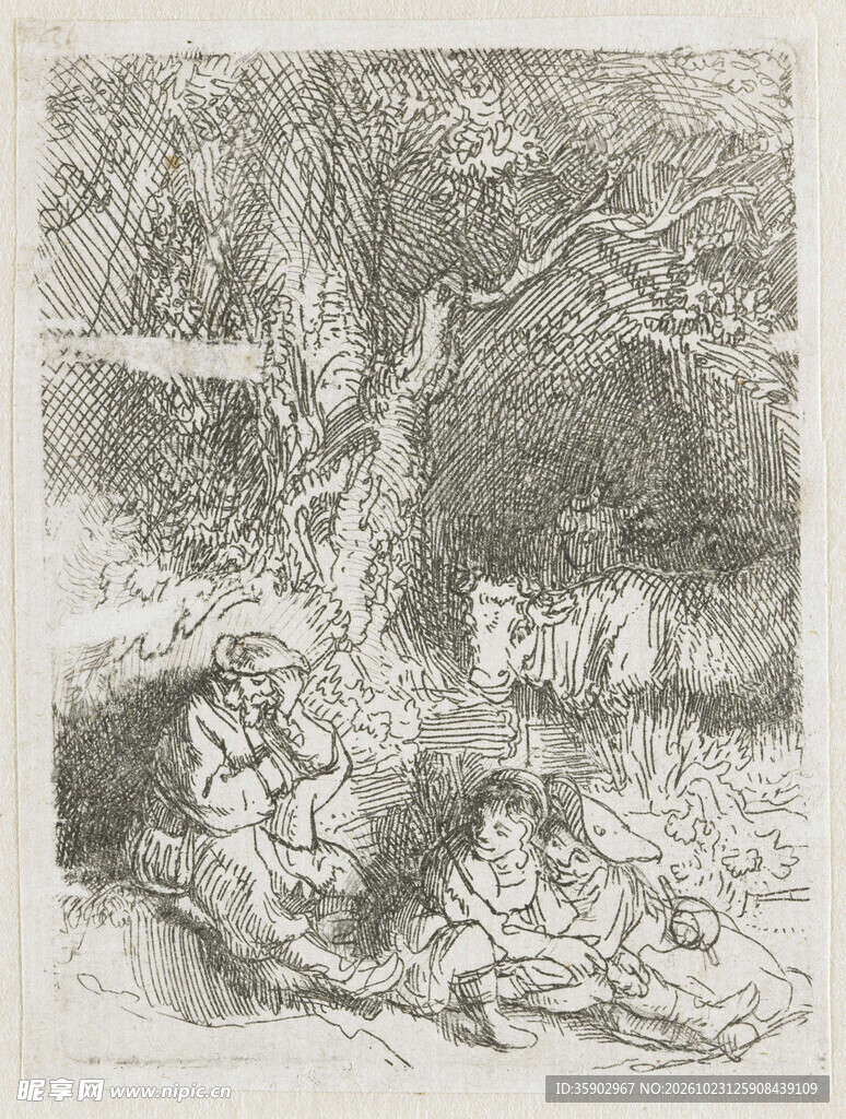 林间休憩复古版画