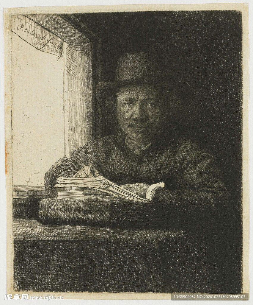 窗边持书男子复古版画