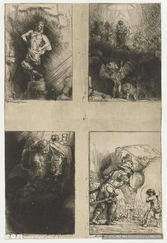 复古素描人物四联画