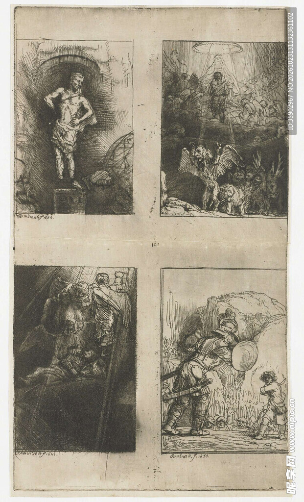 四幅古典素描版画合集