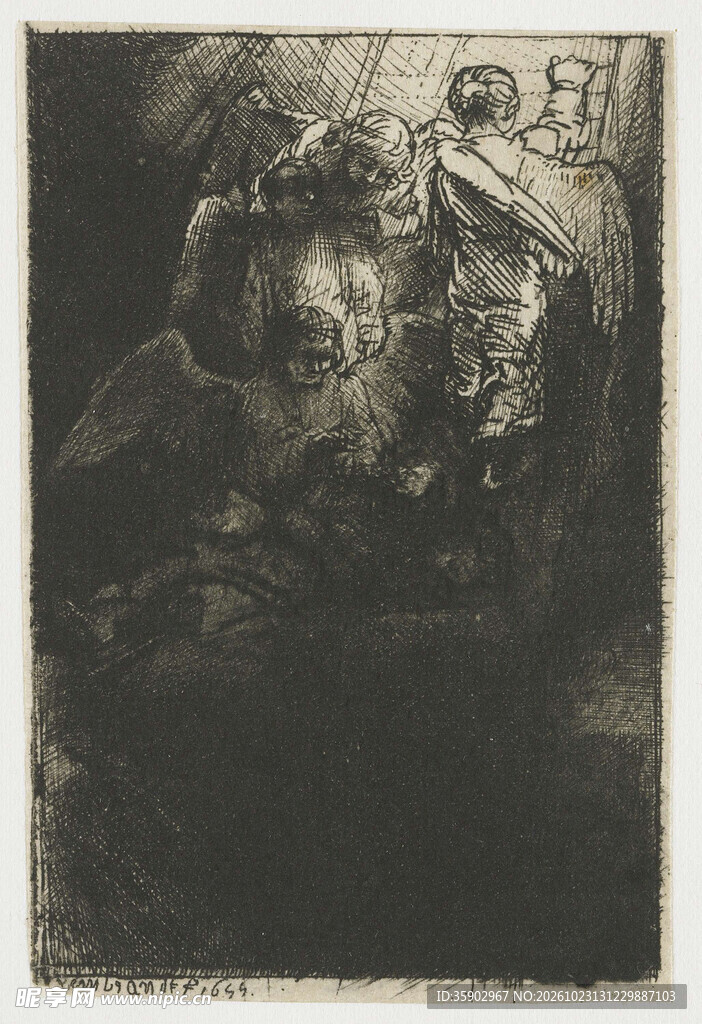 古典暗调人物群像版画