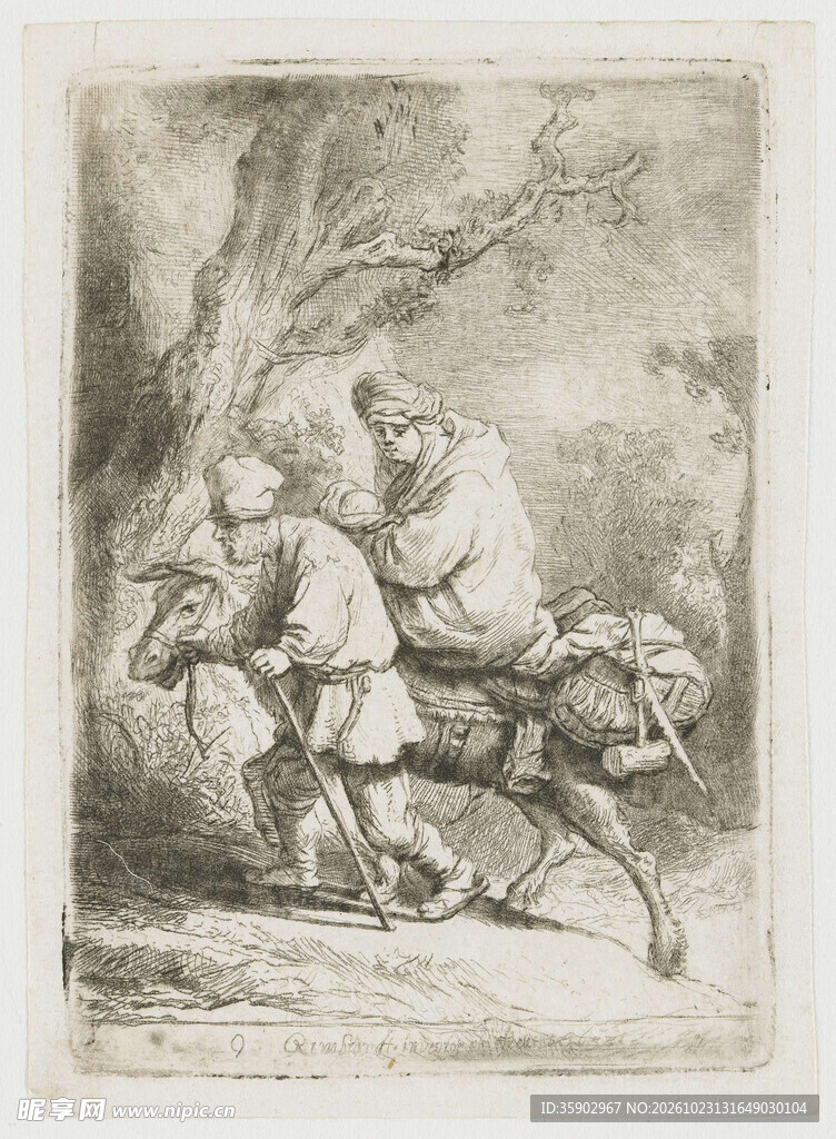 复古骑马人物版画