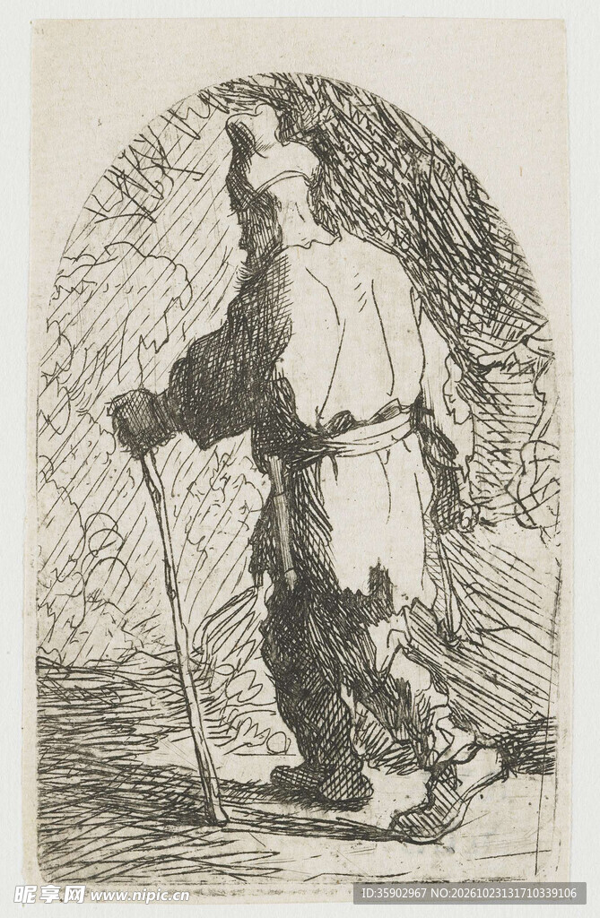 持杖老者复古版画