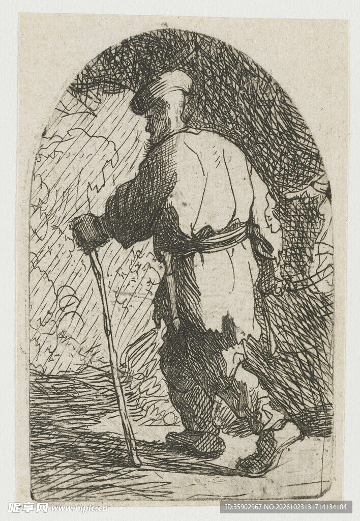 持杖行走男子版画