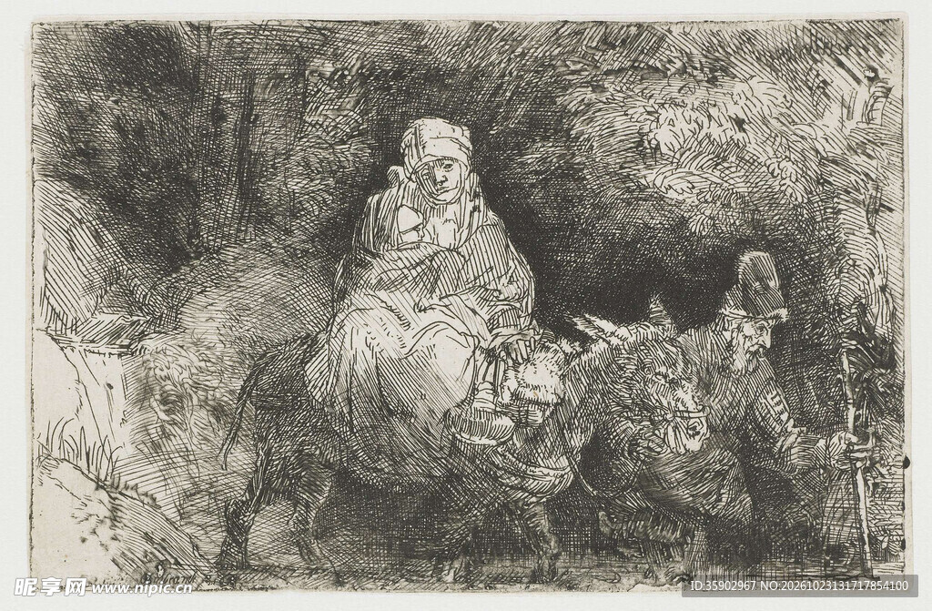 复古林间行旅版画