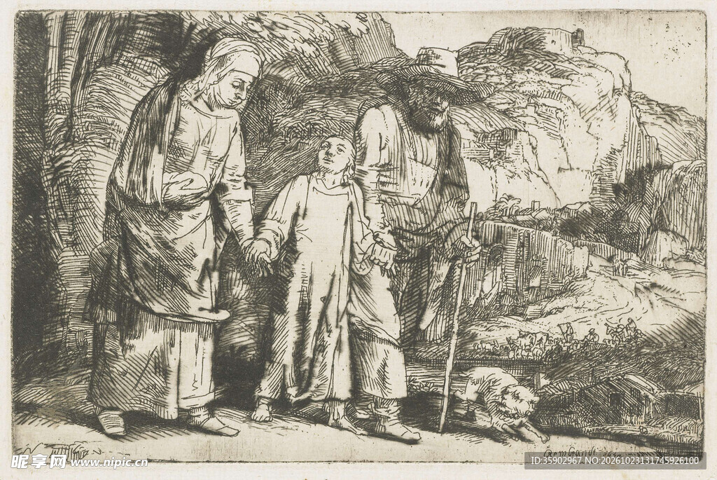 古典黑白人物风景版画
