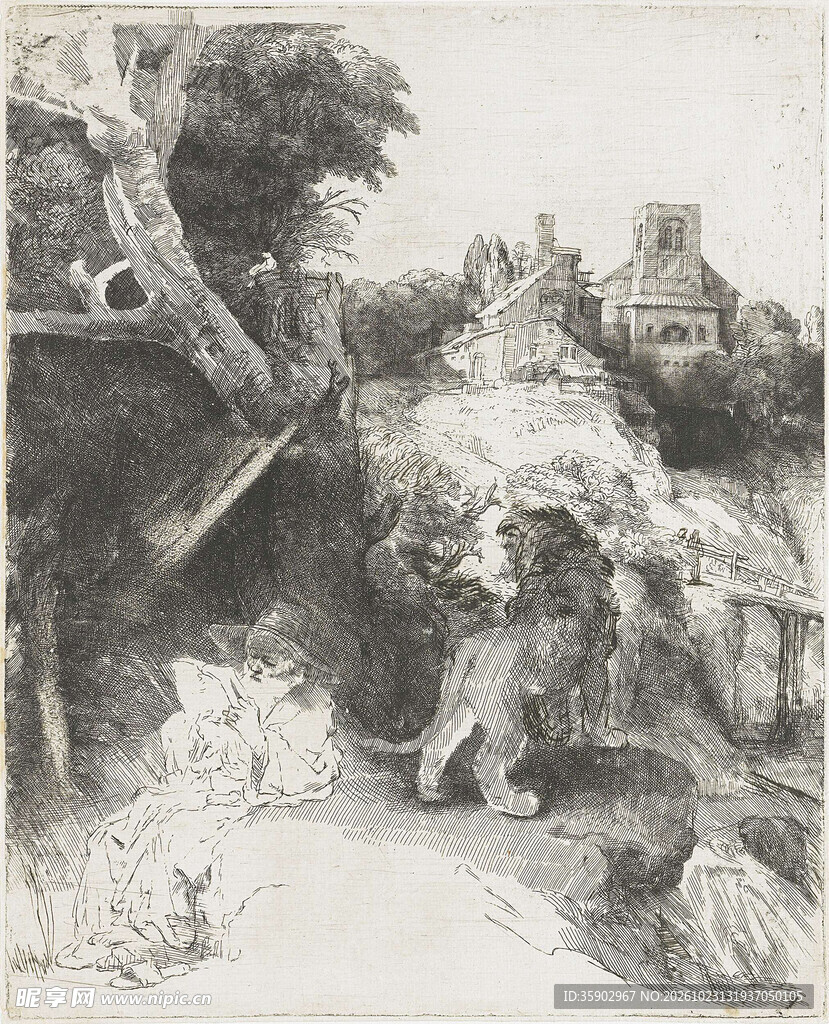 复古乡村石桥风景版画
