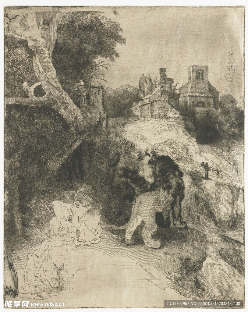 复古郊野风景老版画