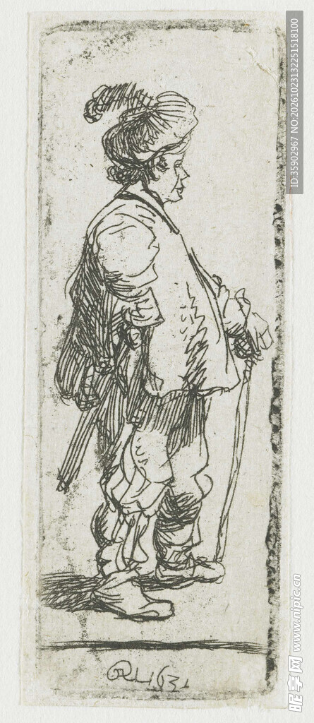 古典持杖人物版画