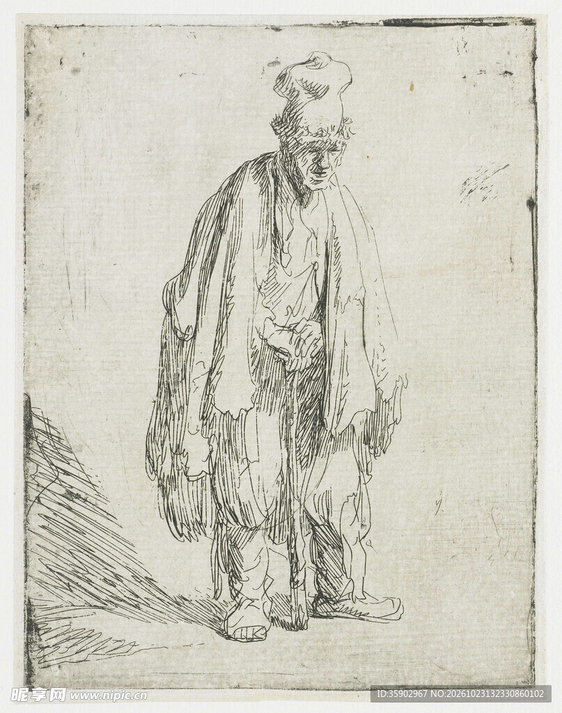 拄杖老者复古素描版画