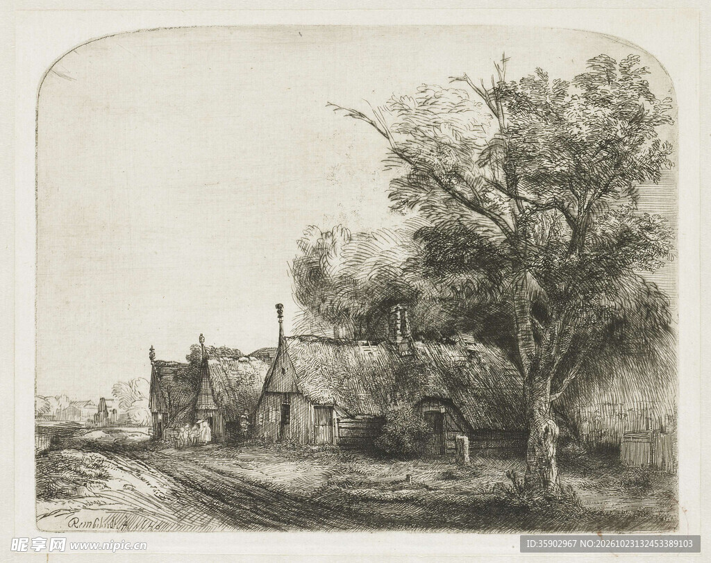 复古乡村郊野风景版画