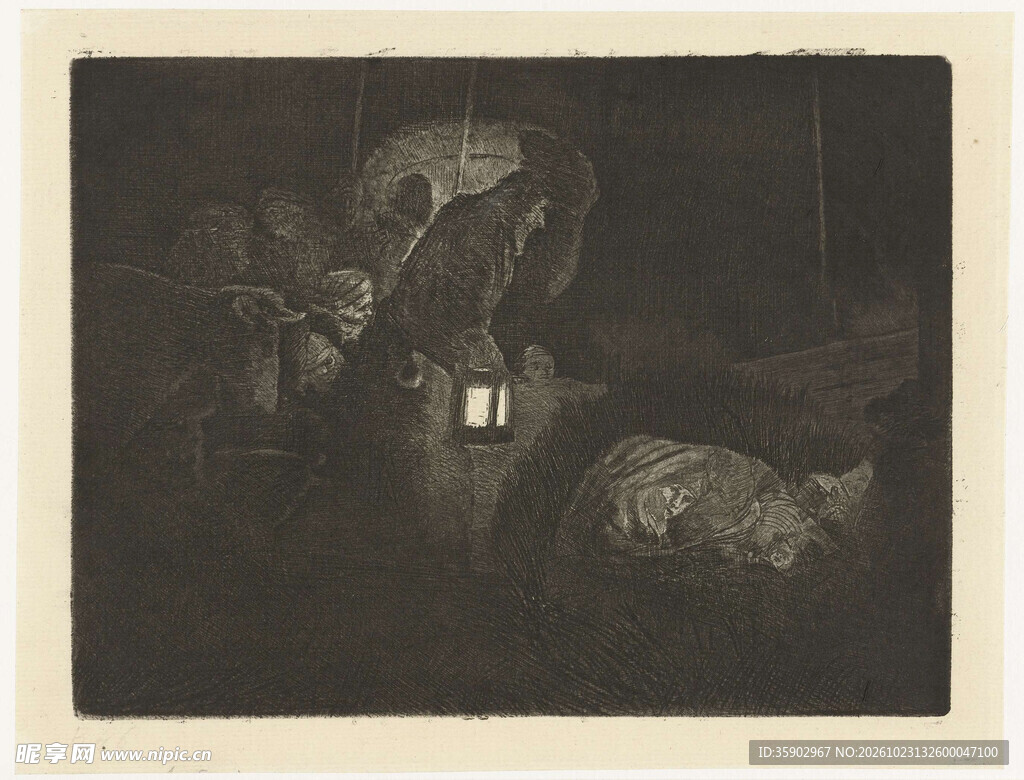 暗夜亮灯小屋复古版画