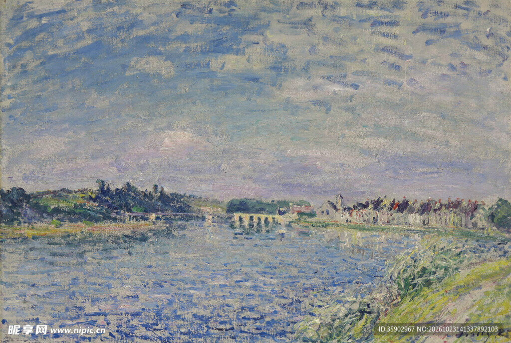 河畔印象风景油画