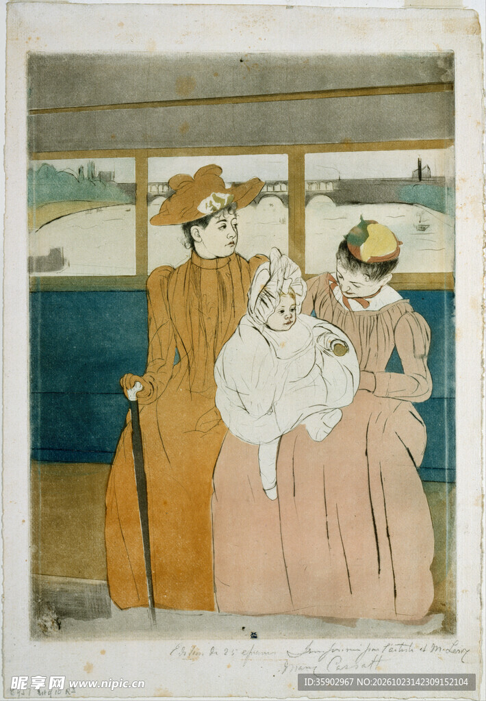 窗边女子刺绣复古版画
