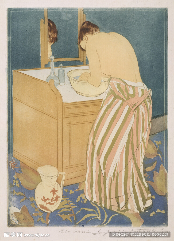 女子沐浴复古版画