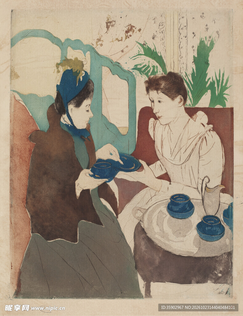 复古版画 二人闲坐饮茶