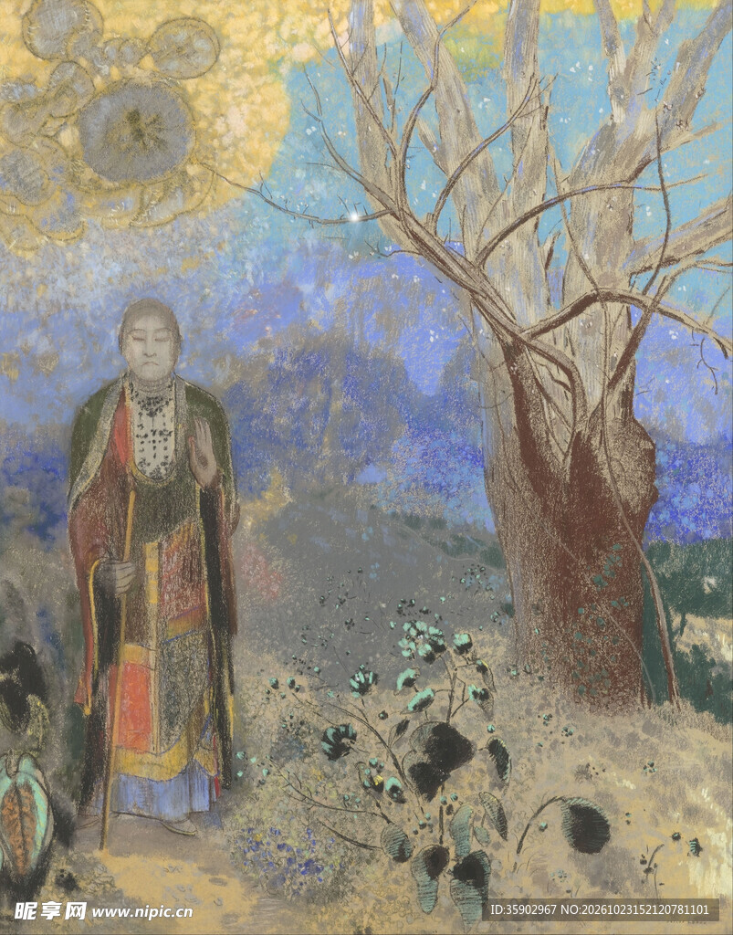 禅意僧人旷野风景油画