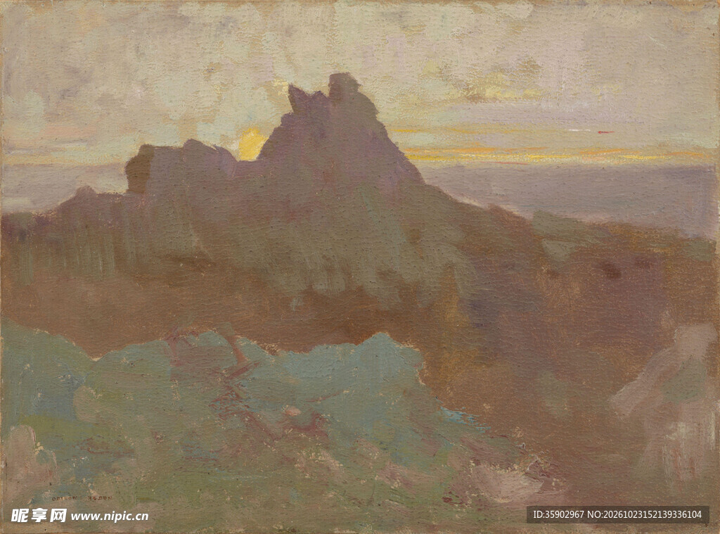 黄昏湖山写意风景油画