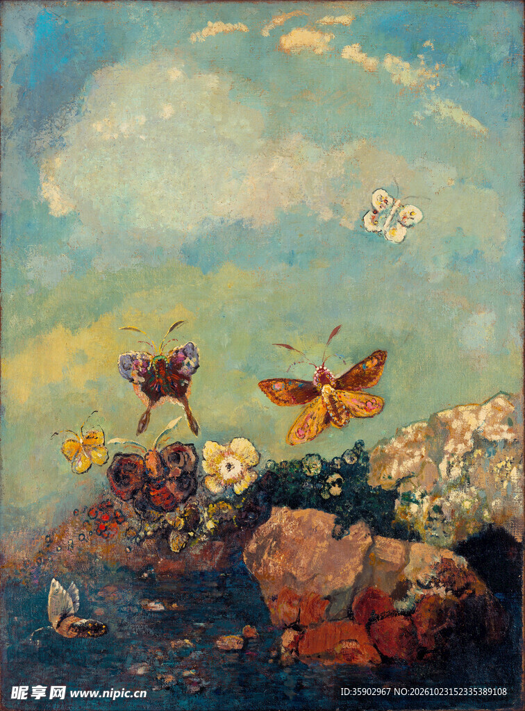 蝶舞花间风景油画
