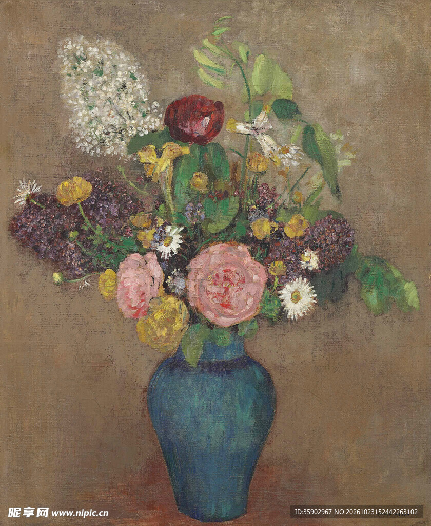 蓝瓶花卉静物油画