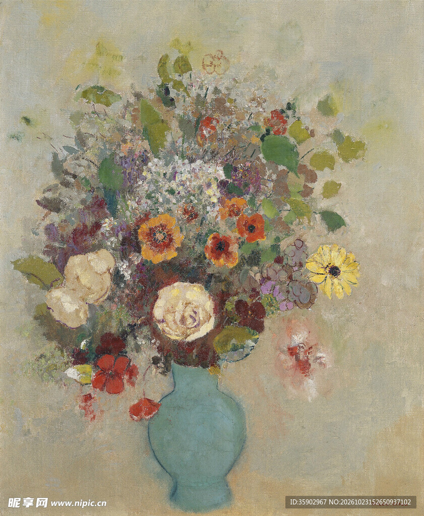 蓝瓶花束静物油画