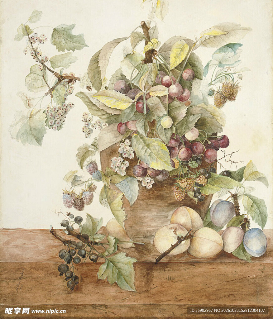 复古花果静物水彩画
