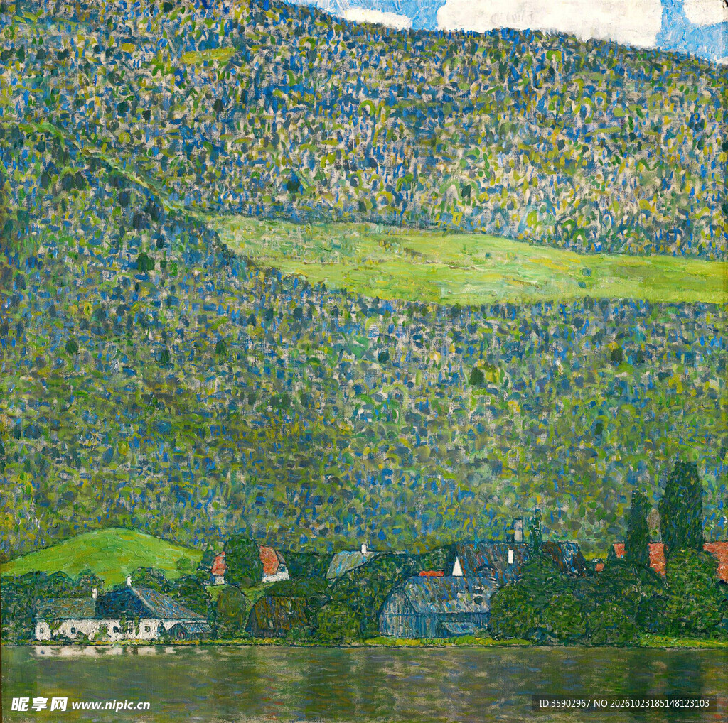山间村落风景油画