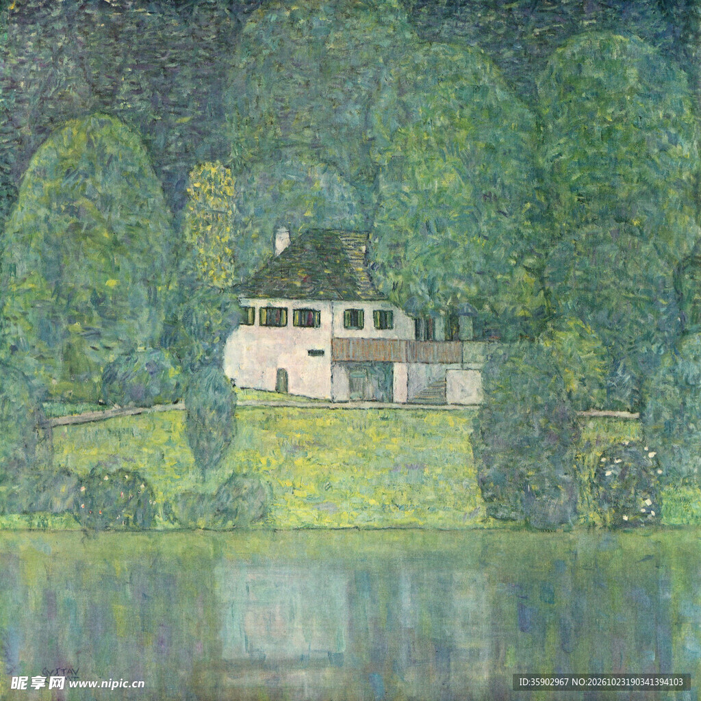 湖畔林间小屋风景油画
