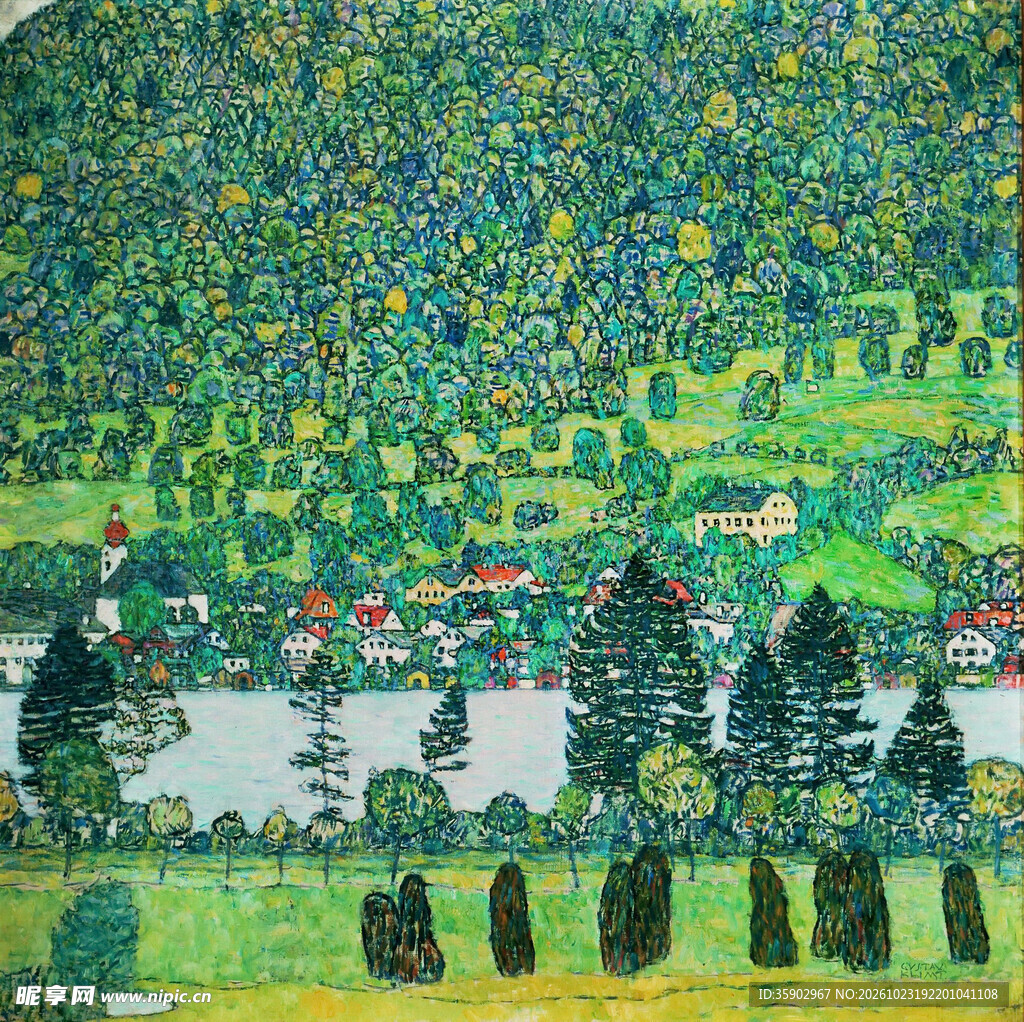 湖畔乡村风景油画