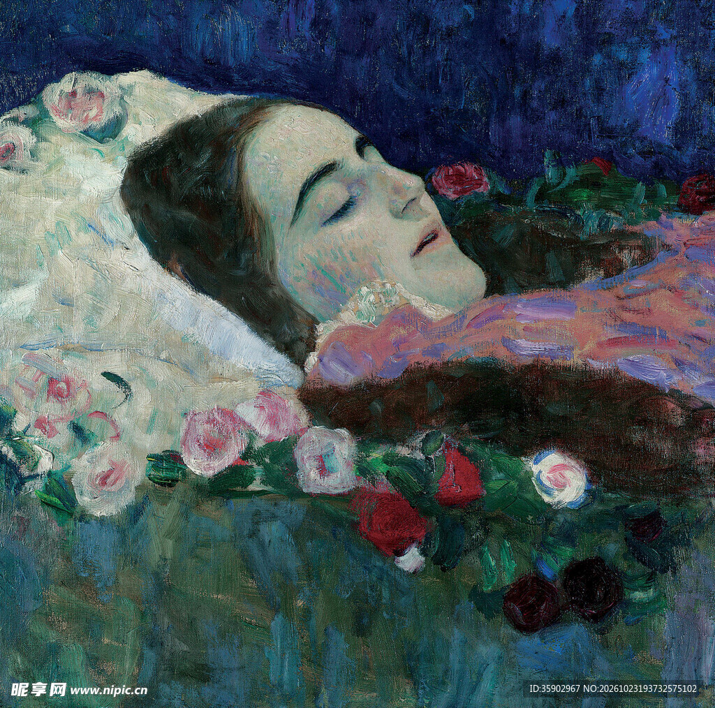 卧姿女子花卉装饰油画