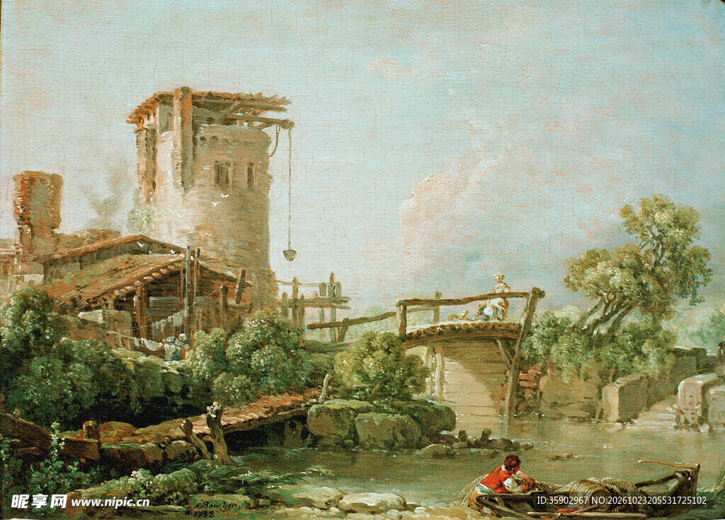 河畔古建风景油画