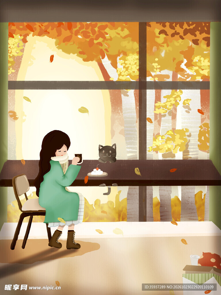 秋日窗边少女与猫插画设计