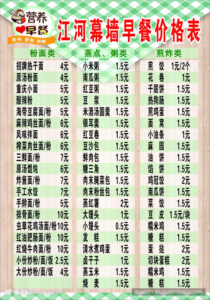 早餐店餐品价格表