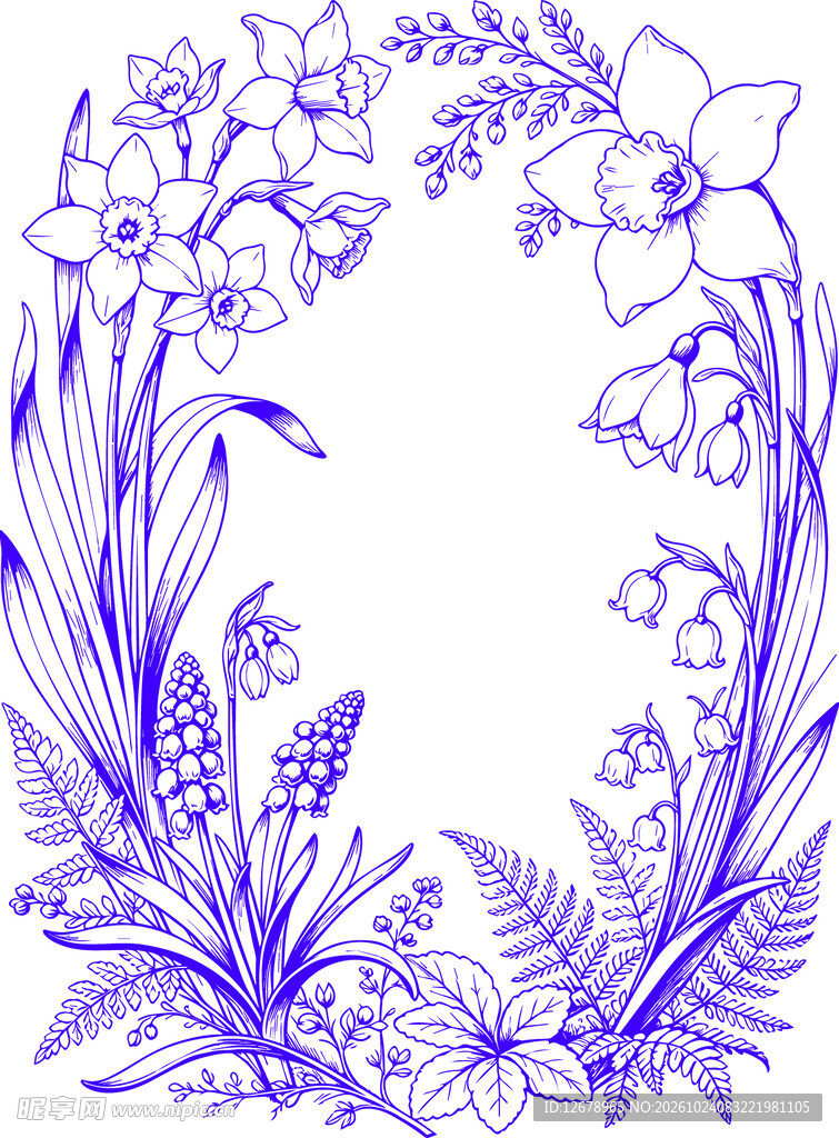 蓝色手绘花卉装饰边框