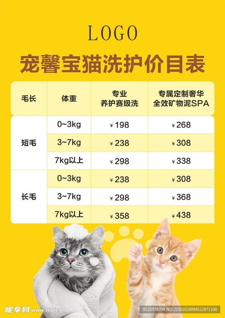 猫咪洗护服务价目表