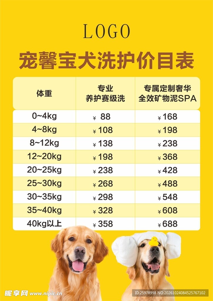 宠馨宝犬洗护价目表