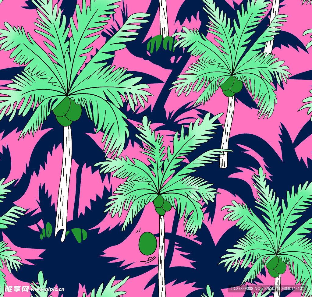撞色椰树无缝印花图案