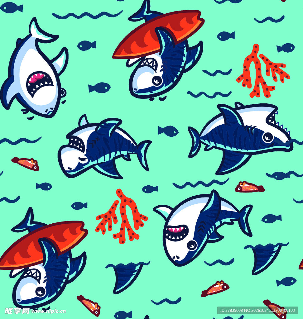 卡通虎鲸海洋无缝纹样