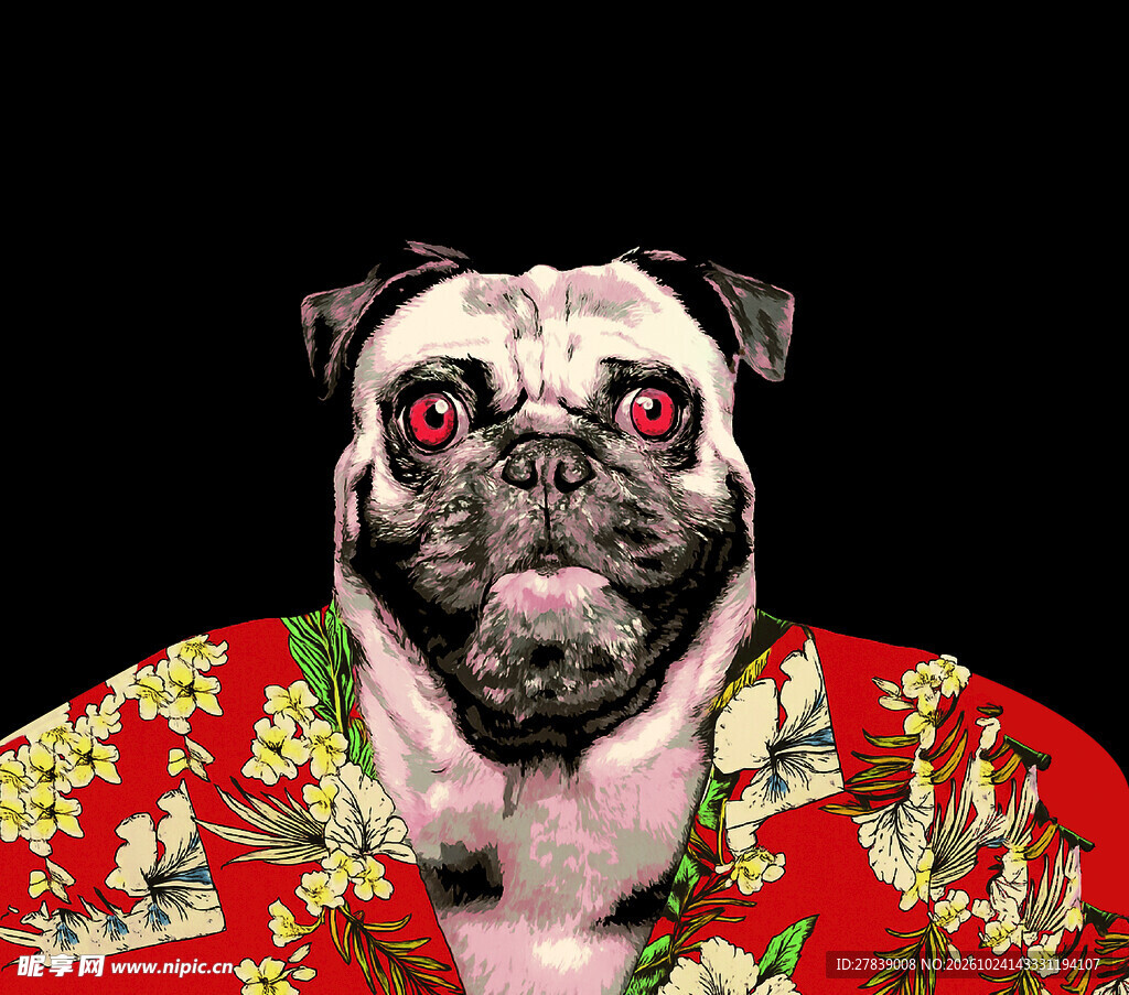 穿花衬衫的巴哥犬