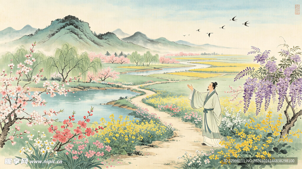 古人春日踏青山水国画