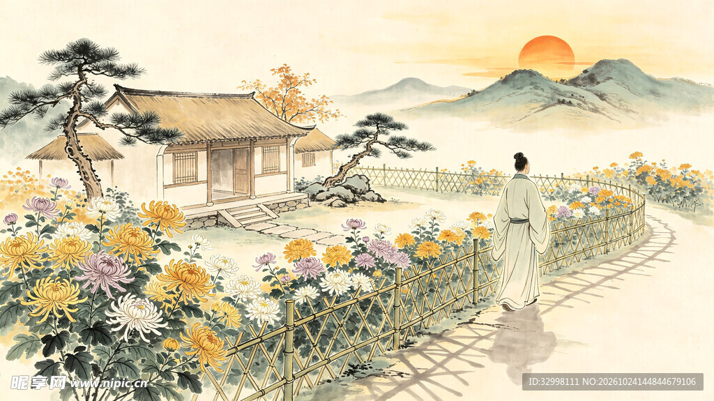 古风庭院赏菊图