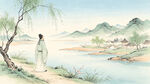 江畔古人游春水墨画