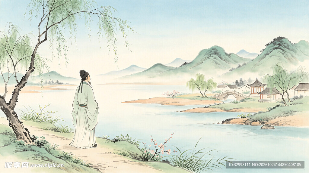 江畔古人游春水墨画