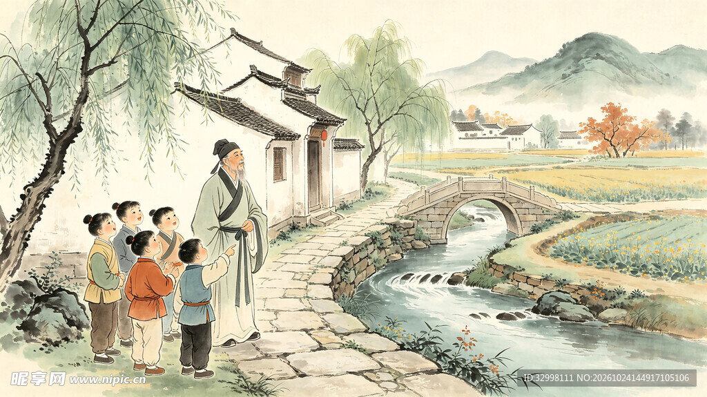 古代乡间讲学水墨图