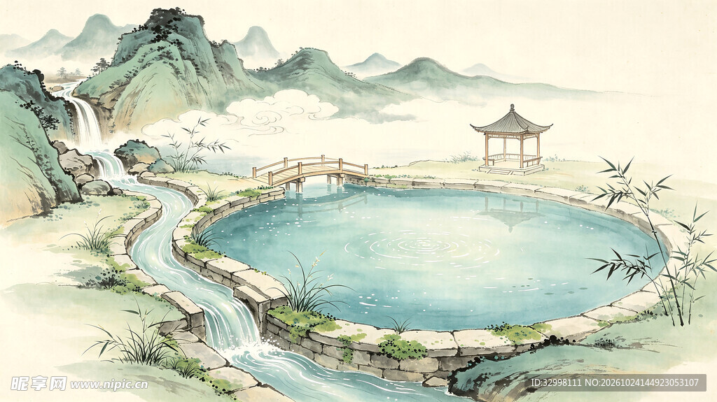 青绿山水古亭池景