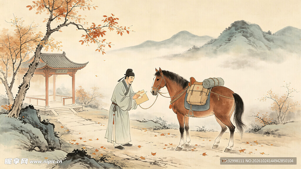 古意秋郊文人骏马图