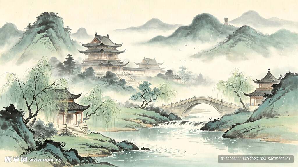 水墨江南古建山水图