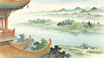 古阁眺江南山水国风画