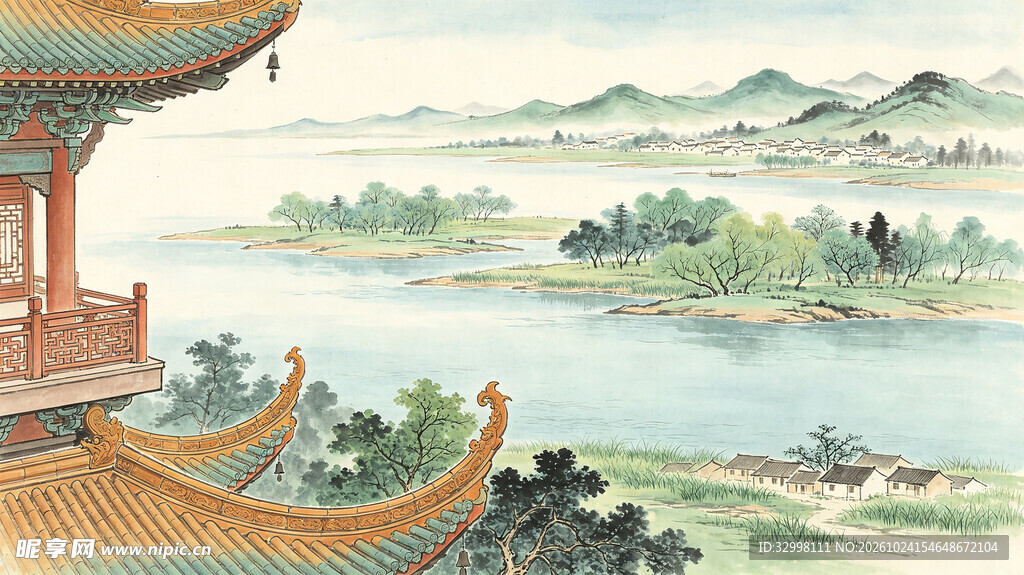 古阁眺江南山水国风画