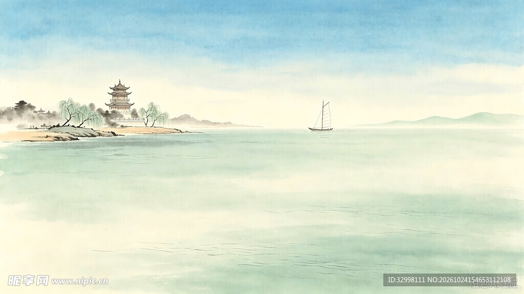 水彩海边写意风光
